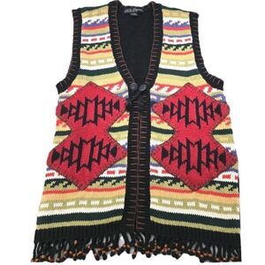 Vintage 90s Work in Progress Gladys Bagley Aztec Fringe Sweater Vest Medium